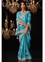 Glass Tissue Sky Blue Wedding Wear Sequence Embroidery Work Saree